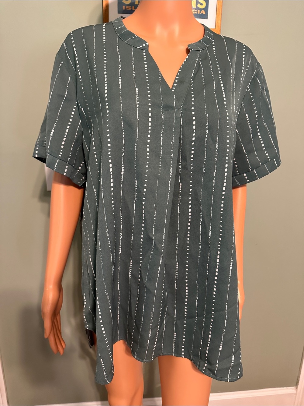 Relaxed Slate Green Split-Neck Tunic Top